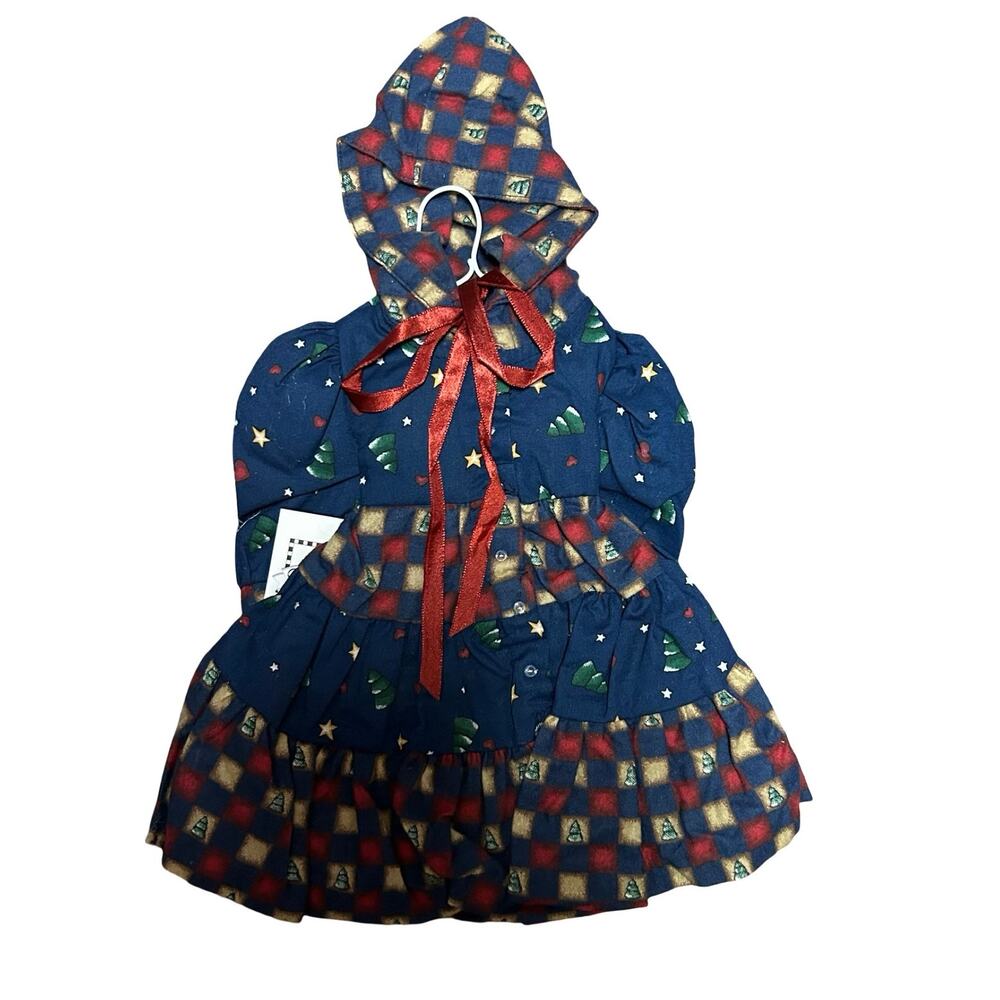 Daisy Kingdom Vintage 18" Doll Dress Hooded Tiered Blue Red Bow Christmas